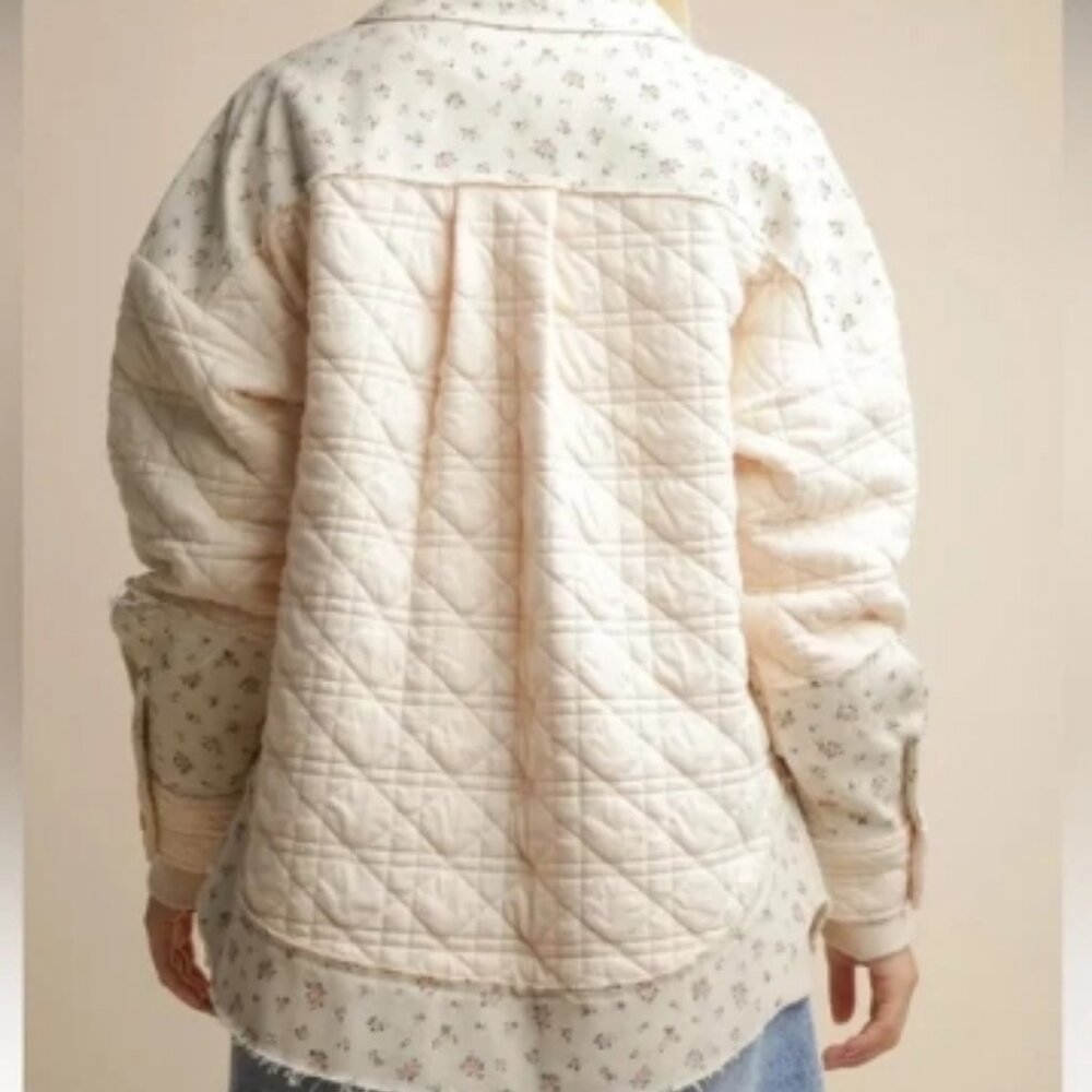 Cream Floral Trim Accent Quilted Long Sleeve Utility Jacket 1XL🆕⌚📦🏃💨🚚 - Picture 7 of 9